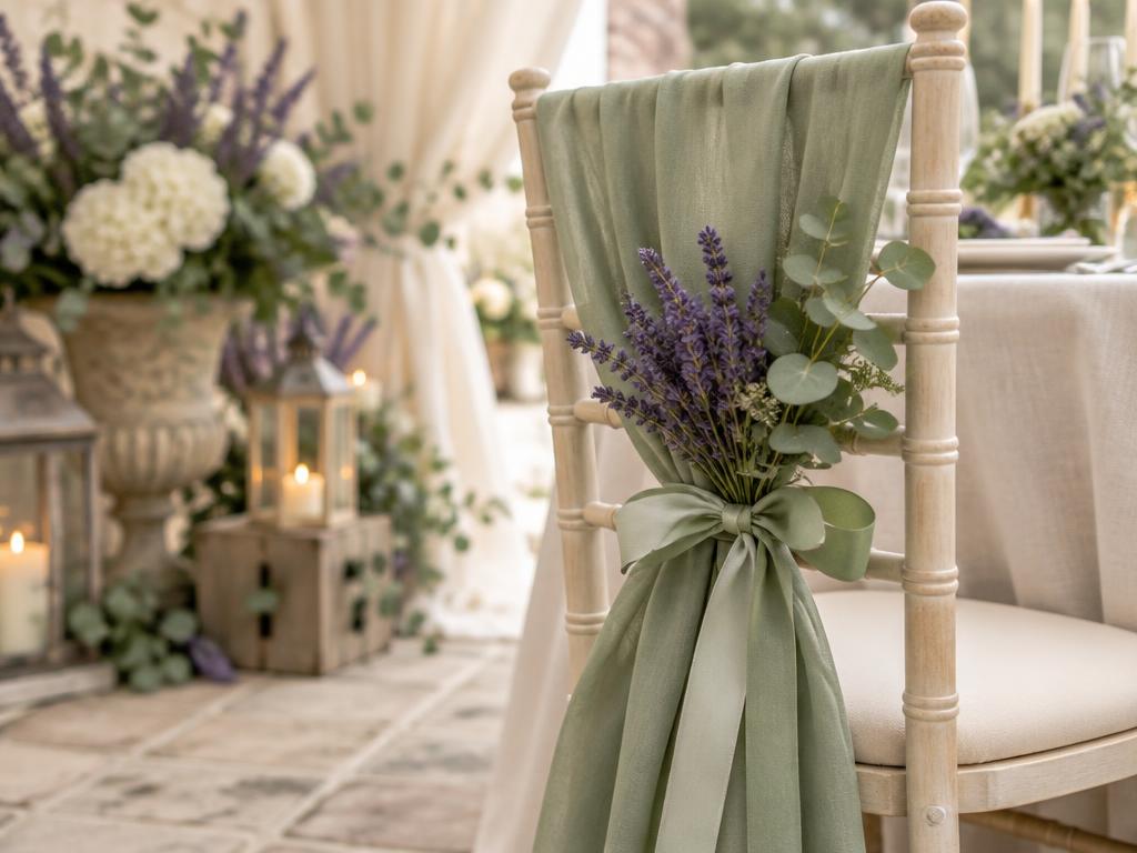 Chair dressed in sage fabric with lavender florals and ribbon