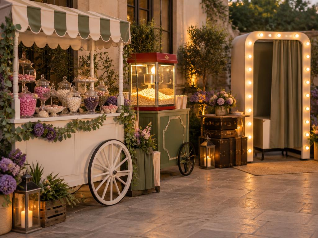Sweet cart, popcorn machine and photo booth at a styled evening event