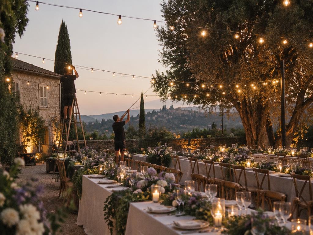 Event producer reviewing a schedule in a styled venue with warm lighting